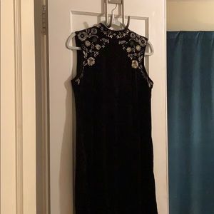High neck velvet black dress